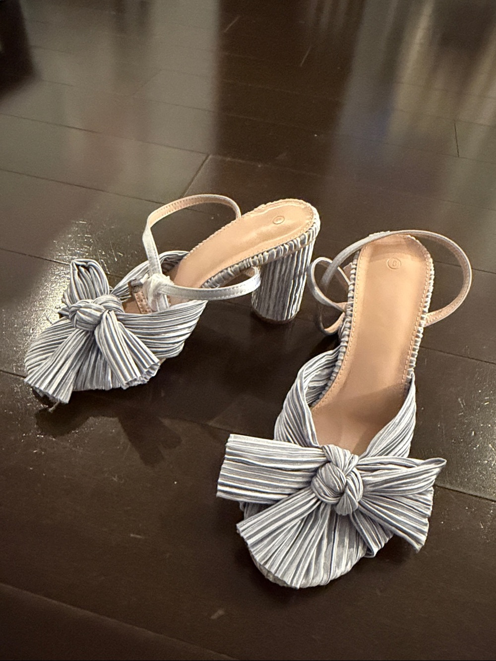 Amazon Striped Knot Bow Slingback Block Heels - Silver